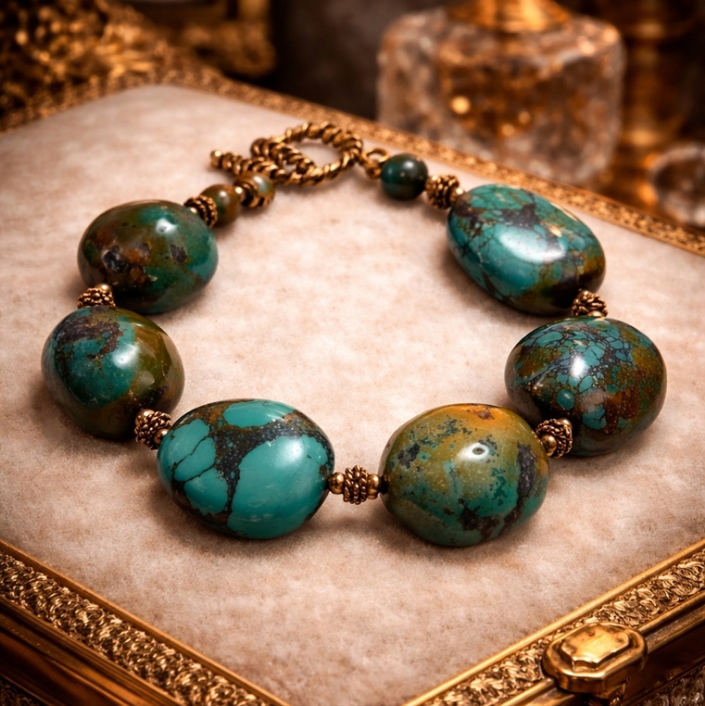 ARTISAN HEAVY TURQUOISE BRONZE NUGGET BRACELET VINTAGE 80S GEMSTONE